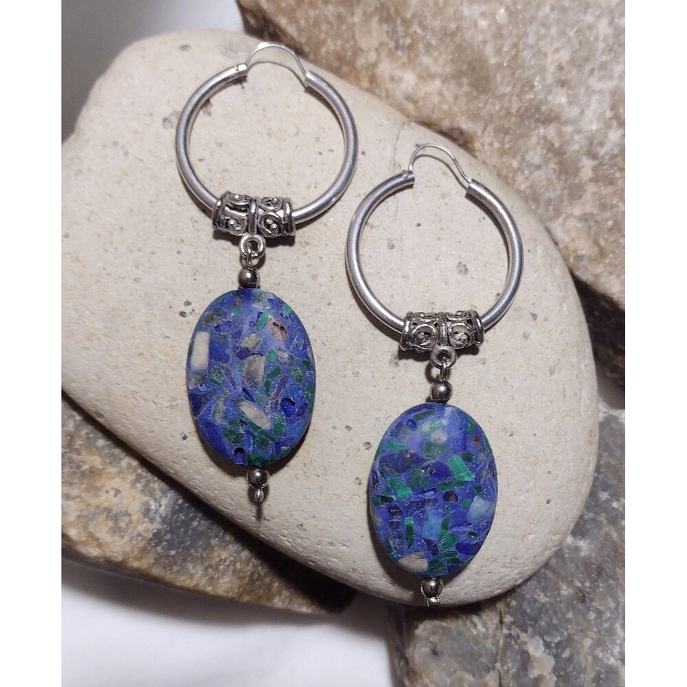Sterling Silver Hoop Turquoise Lapis Lazuli Malachite Dangle Earrings